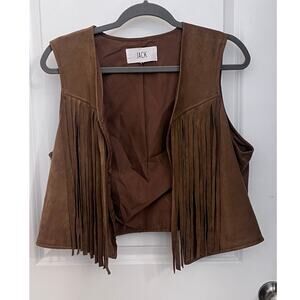 Jack Western Cowgirl brown faux suede fringe Open front vest festival boho 70's